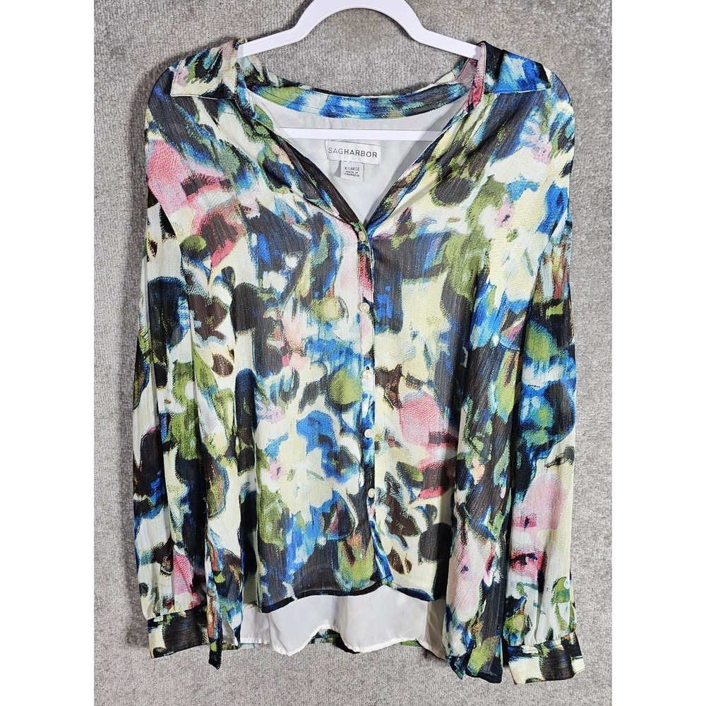 Sag Harbor Abstract Watercolor Button Up Top Women Size XL Sheer Sleeves Overlay